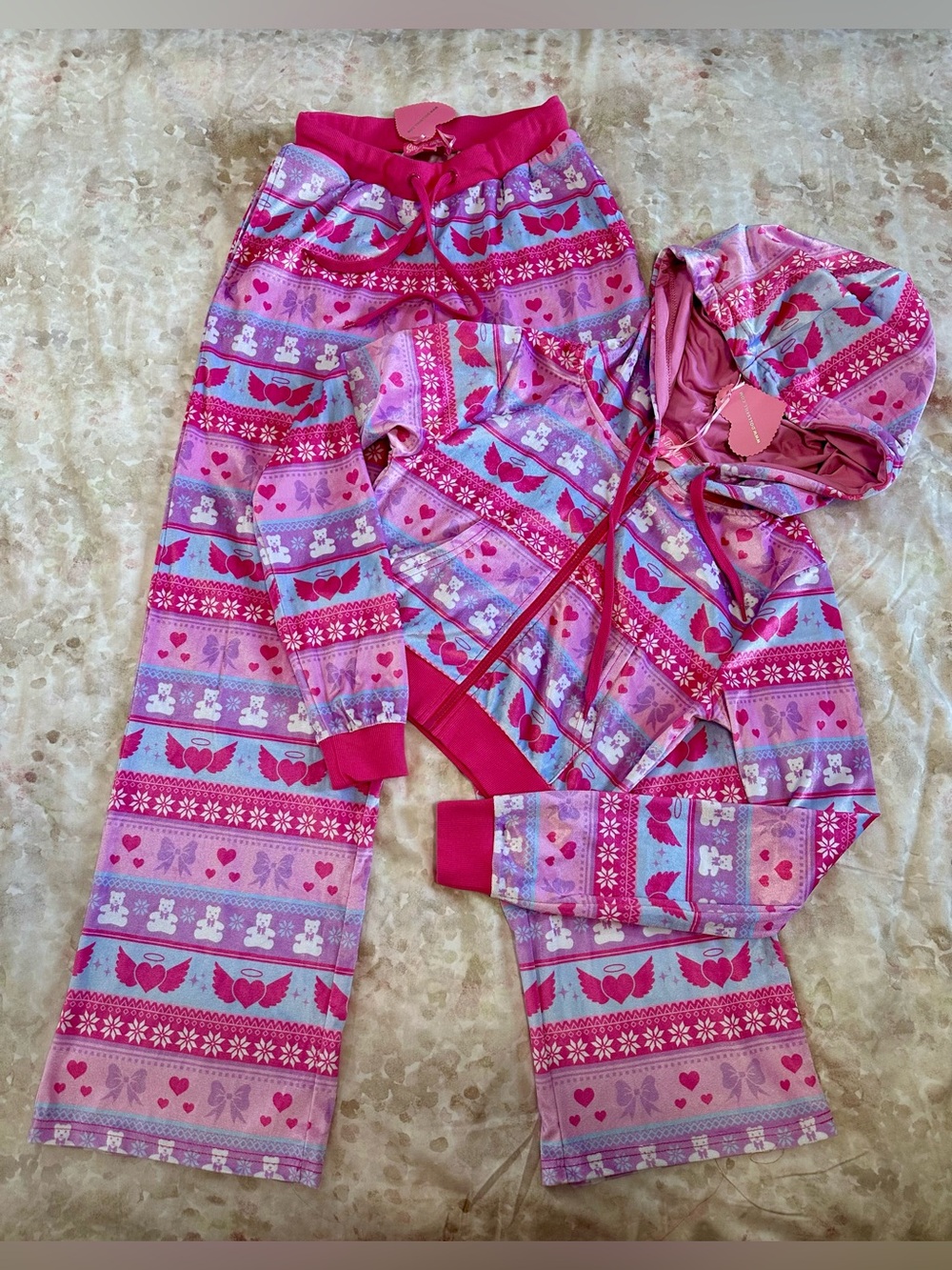 Sugar Thrillz Pink Hooded Pajama Set with Heart & Bear Print